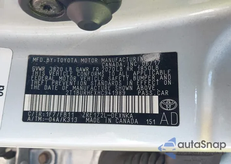 2017 Toyota Corolla Le from USA, damaged, VIN 2T1BURHEXHC941989